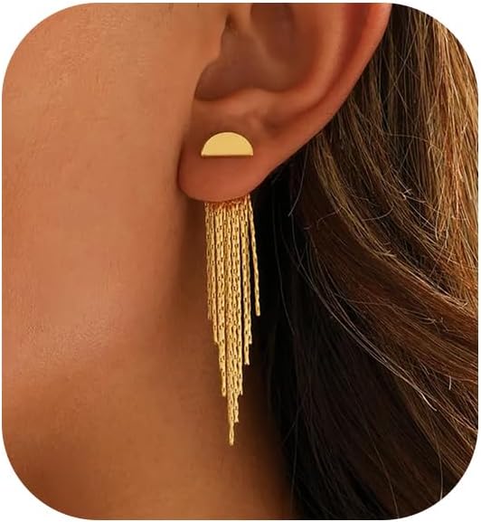 Gold Earrings for Women, 14K Gold Plated Tassel Dangle Earrings for Women Trendy Hypoallergenic Long Chain Earring Dainty Pearl Drop Earrings Elegant Wedding Earring Fashion Jewelry for Womens