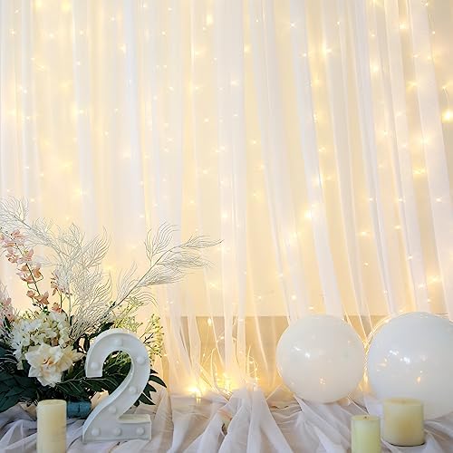 White Tulle Backdrop Curtain with Lights String for Parites 108ft Sheer Backdrop Curtains White Curtain Backdrop for Wedding Baby Shower Birthday Party Photo Shoot Decorations(2 Panels 10ft8ft)