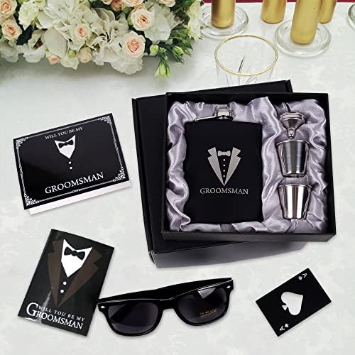 6 Pieces Groomsmen Gifts Groomsman Proposal Wedding Party Box Set:8oz Stainless Steel Tuxedo Flask with cups Poker Bottle Cap Opener Sunglass Card Sticker Groomsman Box for Wedding Bachelor Party