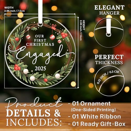 HEXMOZ Engagement Gifts for Couples – Engagement Gift for Women, Fiance, Her, Bride to Be, Newly Engaged Couples – First Christmas Engaged Acrylic Ornament 2025 – Party Decorations