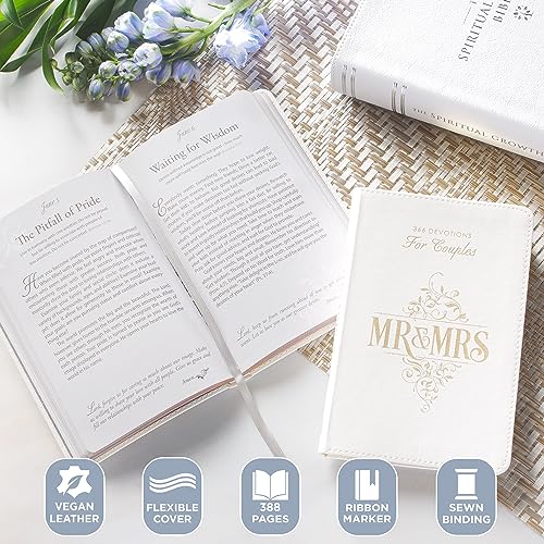 Mr. and Mrs. 366 Devotions for Couples – White Faux Leather Devotional Gift Book for Bride and Groom, Engaged