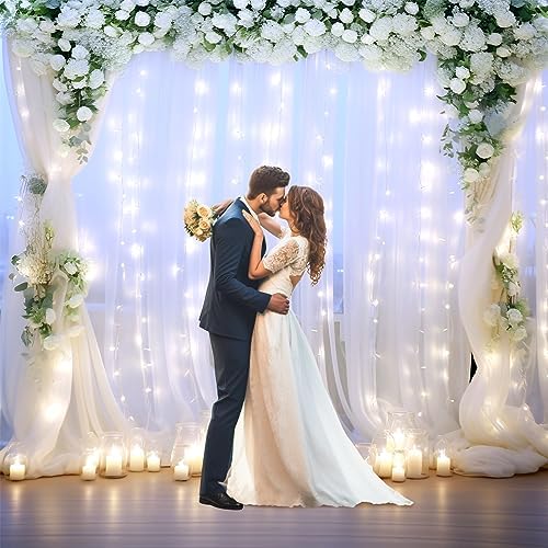 White Tulle Backdrop Curtain with Lights String for Parites 108ft Sheer Backdrop Curtains White Curtain Backdrop for Wedding Baby Shower Birthday Party Photo Shoot Decorations(2 Panels 10ft8ft)