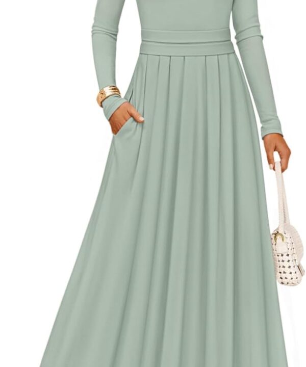 ZESICA Women's Elegant Long Sleeve Maxi Dress 2026 Fall Crewneck Knit High Wasit Pleated Flowy A Line Casual Party Dresses