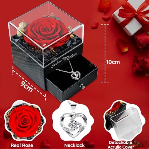 Gifts for Women Birthday, Preserved Real Red Rose with Necklace Gifts for Mom, Eternal Roses Forever Flowers Gifts for Girlfriend Mom Grandma Wife Mothers Day Birthday Anniversary