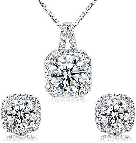 Cubic Zirconia Necklace and Earrings Set for Women 14K White Gold Plated Bridesmaid Silver Jewelry Set for Women Pendant Necklace Hypoallergenic Stud Earrings Set Jewellery Gift for Mom Wife Bride Bridesmaid