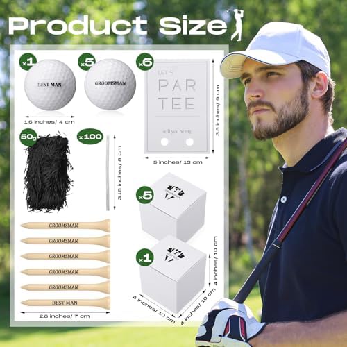6 Sets Groomsman Proposal Gift Box With Golf Ball, Bamboo Tees, Invitation Cards – Accessories for Wedding, Best Men, DIY – Black, White