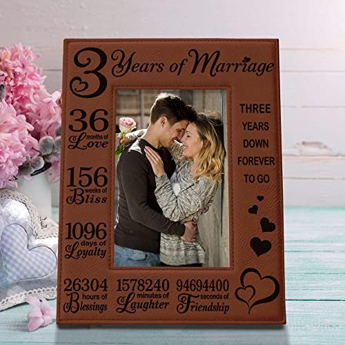 KATE POSH 3rd Anniversary Engraved Rawhide Leather Picture Frame (4×6-Vertical)