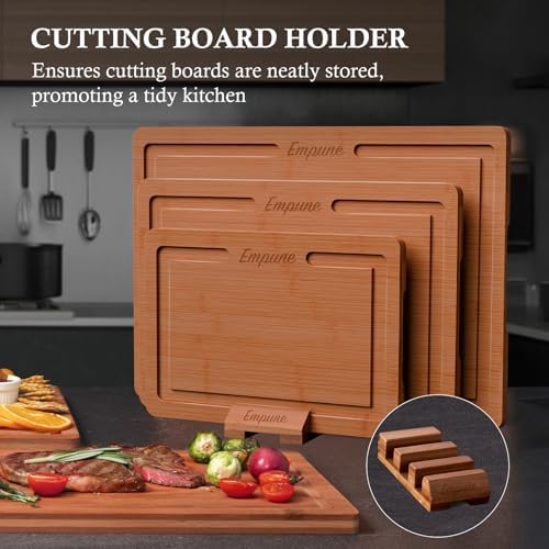 Empune Bamboo Cutting Board Set, Wood Cutting Boards for Kitchen with Holder Wooden Chopping Board for Meal Prep & Serving, Brown