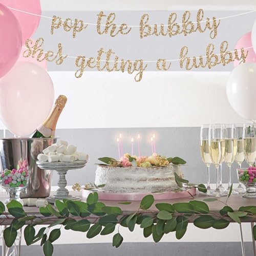 Pre-strung Pop the Bubbly Shes Getting a Hubby Banner – No DIY – Gold Glitter Bachelorette Bridal Party Banner – Pre-strung on 8 ft Strand – Bachelorette Party Decorations. Did We Mention No DIY