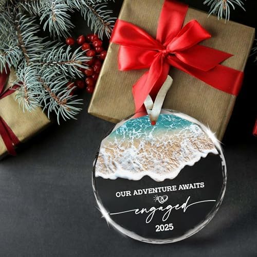 Engagement Gifts for Couples – Our Adventure Awaits Engaged 2025 Glass Ornament Just Engaged Present Ideas for Newly Women, Bride to Be, Fiance, Friend, Daughter