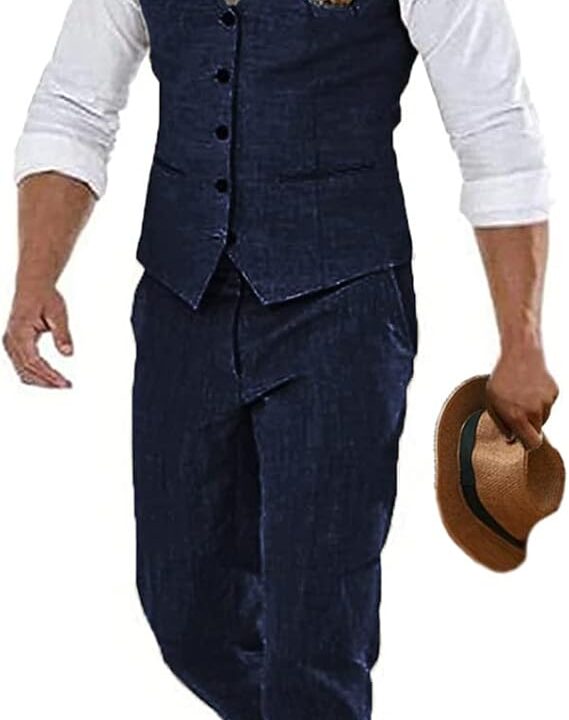 Furuyal Linen Suits for Men Casual Wedding Suits Men 2 Piece Suits Groomsmen Tuxedos Summer Beach Prom Vest and Pants Set