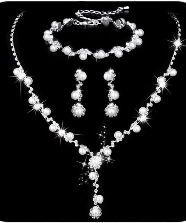 Unicra Silver Pearl Bridal Wedding Jewelry Set Rhinestone Necklace Earrings Bracelet Sets Formal Costume Jewelry for Women and Brides