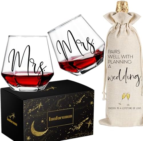 Mrs and Mrs Wine Glass Set of 2, Lesbian Couple Idea for Girlfriend, Engagement Gifts for Couples, Birthday Anniversary Valentines Day Gifts for Newly Engaged Couples Her Wife Girlfriend