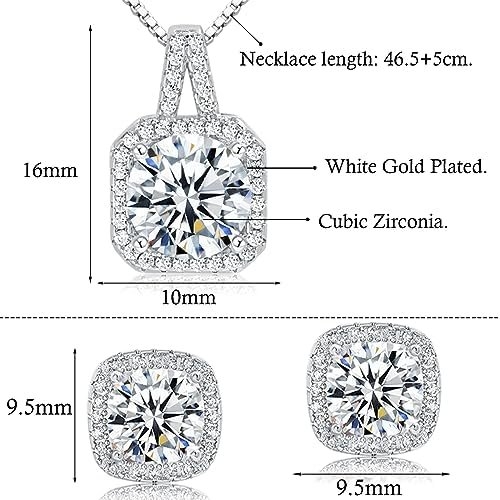 Cubic Zirconia Necklace and Earrings Set for Women 14K White Gold Plated Bridesmaid Silver Jewelry Set for Women Pendant Necklace Hypoallergenic Stud Earrings Set Jewellery Gift for Mom Wife Bride Bridesmaid