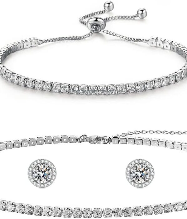 Silver Tennis Necklace and Bracelet Set for Women Wedding Jewelry Sets for Brides Earrings Prom Bridesmaid Jewelry