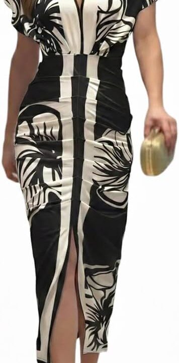 CHICME Summer Dresses for Women Floral Print Plunge V Neck Midi Dress Casual Ruched Slit Bodycon Party Dress