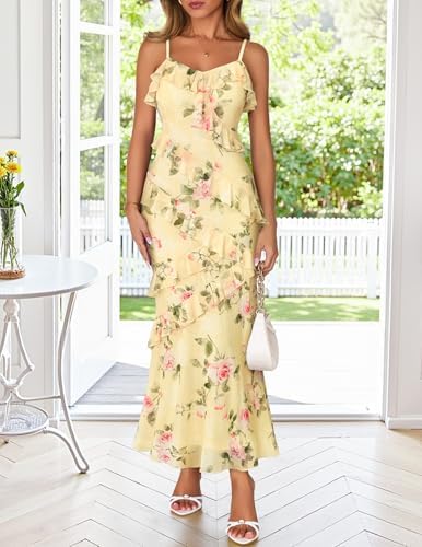 MEROKEETY Spring Wedding Guest Dress for Women 2026 Summer Floral Cocktail Party Beach Vacation Ruffle Bodycon Maxi Dresses