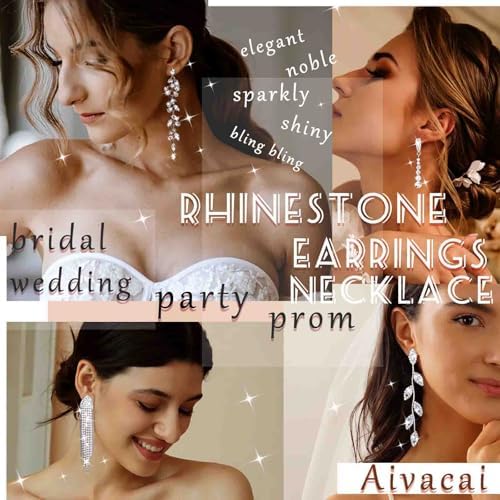 Wedding Necklace and Earring Set Silver Long Rhinestone Dangle Earrings Dainty Diamond Cubic Zirconia Bridal Chain Sparkly Crystal Tiny Y Drop Lariat Cz Pendant Choker Statement Bridesmaid for Women