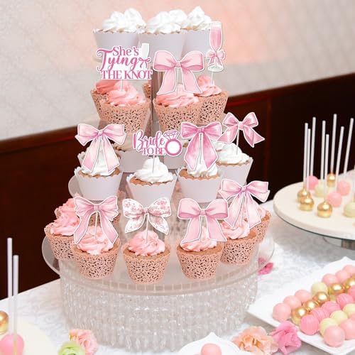 FodeMoraka Shes Tying The Knot – 36 Pcs Pink Bride to Be Cupcake Toppers Decorations Set Cake Cupcakes Dessert Decor Coquete Bow Wine Glass Party Supplies Favors for Girls Bachelorette Bridal Shower