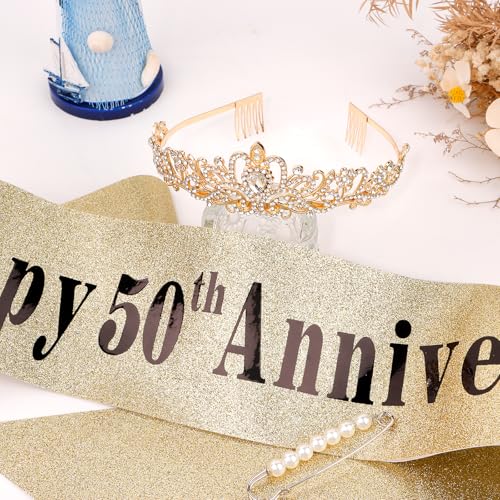 YARIEW 50th Anniversary Decorations, Gold Crown and Happy 50th Anniversary Sash Set, Tiara Crown Sash for 50th Wedding Anniversary Decorations for Party Gifts for Women