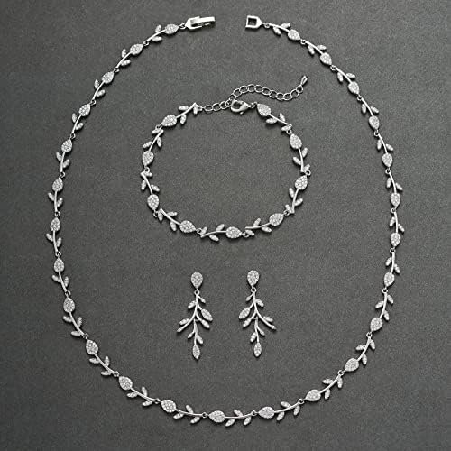 SWEETV Cubic Zirconia Wedding Jewelry Sets for Bride Bridesmaids, Crystal Leaf Vine Bridal Earrings and Necklace Set for Women Jewelry Gifts