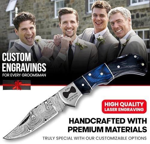 Set of 6 – Personalized Damascus Pocket Knife for Groomsmen -With Leather Sheaths – Custom Engraved Pocket Knives | Groomsman Gifts for Wedding, Groomsmen Proposal Gifts