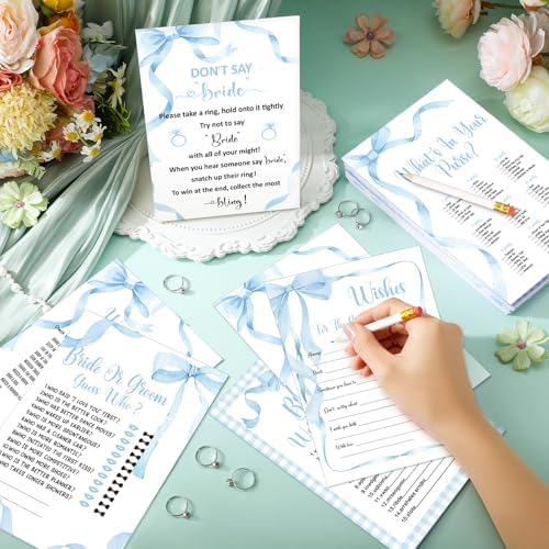Estune 331 Pcs Bridal Shower Games Supplies, 5 Sets 250 Pcs Wedding Cards 1 Bridal Shower Games with 60 Rings and 20 Pencils (Blue Bow)