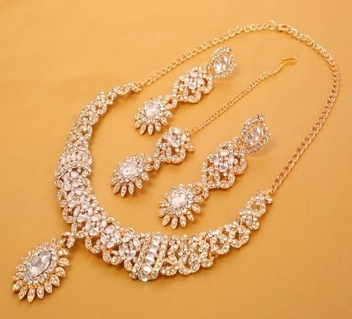 Touchstone Indian jewelry sets for women wedding gold kundan necklace traditional earrings tikka bollywood party style white crystal rhinestone guest gift bridal costume prom dainty accessories