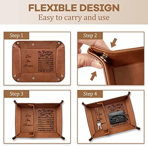 XIKAINUO 3 Years of Marriage Engraved Leather Tray Jewelry Organization with Love You Forever Keychain Includes Dates Breakdown Gift for Couples Husband Wife Birthday Wedding Anniversary