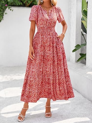 BTFBM Womens Summer Floral Maxi Dresses V Neck Short Sleeve Boho Casual Flowy Long Wedding Guest Dress Beach Vacation