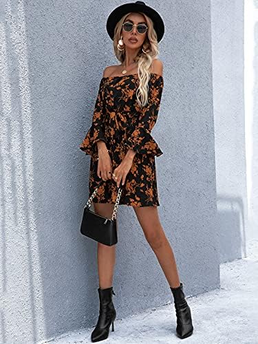Womens Off Shoulder Ruffle Floral Summer Wedding Guest Dresses A Line Shift Short Skater Dress with Belt