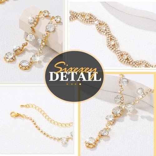 Sixexey Rhinestone Jewelry Set Sparkly Prom Jewelry Necklace Wedding Necklace Jewelry Accessories for Women (Gold)
