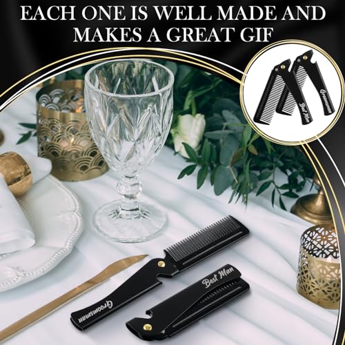 6 Pcs Groomsmen Gifts Folding Beard Comb for Men with Opener Groomsmen Gift Set of 6 Best Man Proposal Gift Combs Hair Mustache for Wedding Party Favor Grooming Detangling(Stainless Steel,Black)