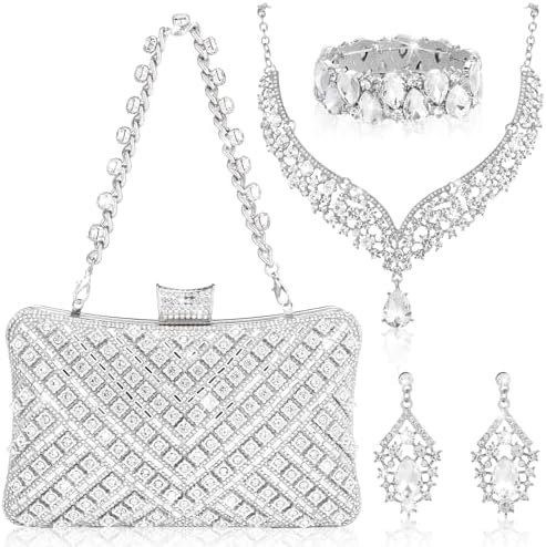 Quelay 4 Pcs Purse Rhinestone Jewelry Set for Wedding Bridal Women Handbag with Necklace Bracelet Dangle Earrings
