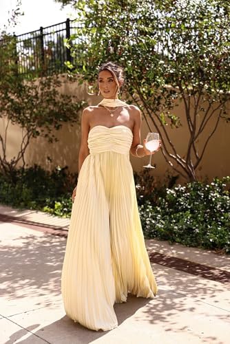 Women Bridesmaid Dresses with Scarf Strapless Pleated Flowy Solid Long Formal Wedding Guest Dress Womens Fall Dresses