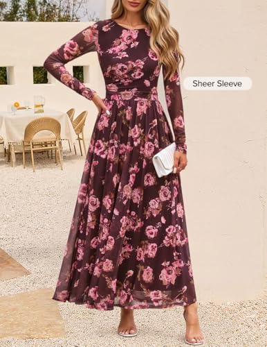 ZESICA Womens Maxi Dress 2026 Spring Long Sleeve Crewneck Floral Print Mesh Ruched Party Wedding Guest Dresses