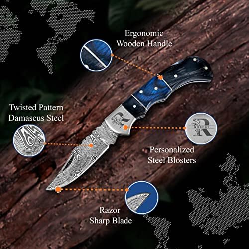 Set of 6 – Personalized Damascus Pocket Knife for Groomsmen -With Leather Sheaths – Custom Engraved Pocket Knives | Groomsman Gifts for Wedding, Groomsmen Proposal Gifts