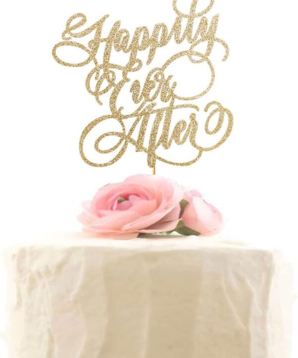 Happily Ever After Cake Topper - Glitter Wedding, Engagement, Bridal Shower, Bachelorette Party Decorations Gold