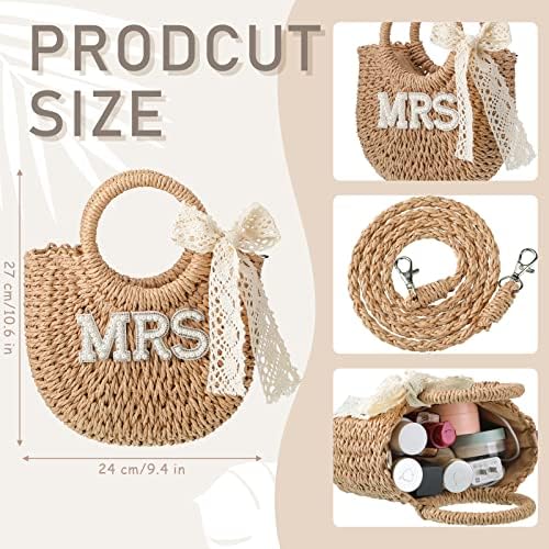 Pinkunn Bride Gift Bride Straw Purse Mrs Handwoven Bag Rhinestone Letter Bag Bachelorette Honeymoon Wedding Bridal Shower