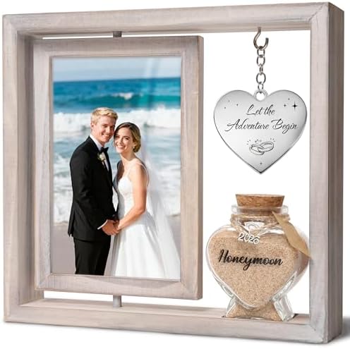 Wedding Gifts for Couples 360 Rotating Double-Sided Picture Frame with Honeymoon Sand Keepsake Jar, Holds Two 4×6 Photos, Ideal for Bridal Shower, Mr & Mrs Engagement and Newlywed Gift Set (Let the adventure begin-White)