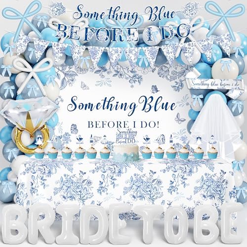 Something Blue Before I Do Bridal Shower Decorations,127 PCS Blue Bachelorette Party Decorations with Coquette Bow Balloon Arch Kit Floral Backdrop Tablecloth Banner Garland Cake Topper Veil