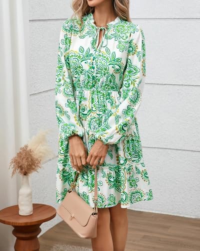 BTFBM Women Fall Dresses 2025 Floral V Neck Long Sleeve Tiered Ruffle Boho Swing Flowy A-Line Mini Dresses Vacation