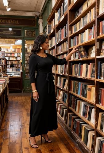 FANDEE Maxi Dress for Women 2026, Long Casual Empire Waist Dresses 3/4 Sleeve Round Neck with Belt