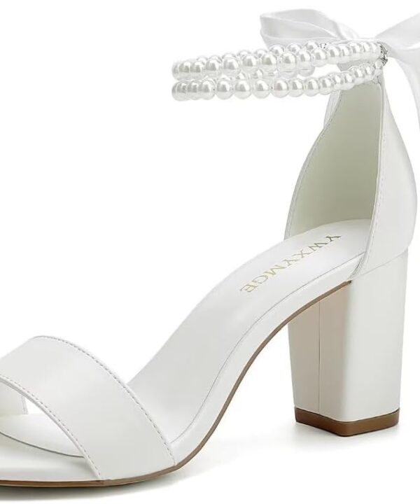 Block Heel Wedding Shoes for Bride Women Chunky Heeled Sandals Pearl Bridal Shoes