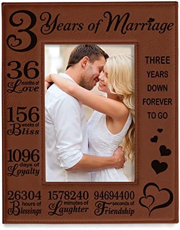 KATE POSH 3rd Anniversary Engraved Rawhide Leather Picture Frame (4×6-Vertical)