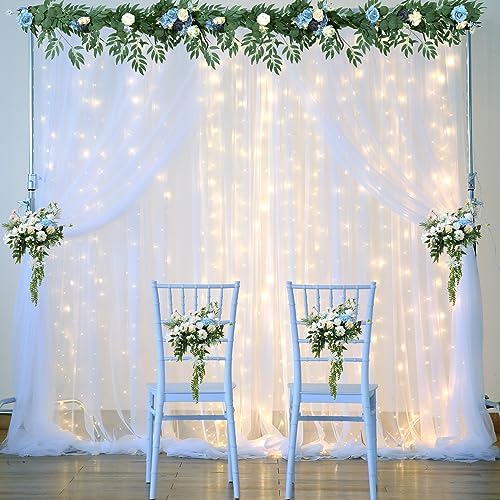 White Tulle Backdrop Curtain with Lights String for Parites 108ft Sheer Backdrop Curtains White Curtain Backdrop for Wedding Baby Shower Birthday Party Photo Shoot Decorations(2 Panels 10ft8ft)