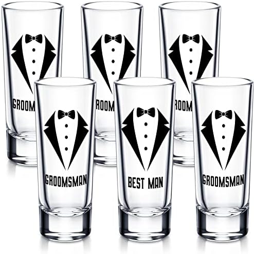 Rtteri 6 Pcs Wedding Shot Glasses Set 1 Best Man 5 Groomsmen Shot Glasses Wedding Party Favors Glasses Bachelor Party Favors Groomsman Gifts Bachelor Party Decorations for Proposal Men,2 oz