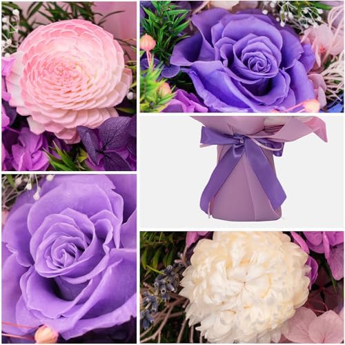 HUACHIPLUS Preserved Rose Bouquets: Fresh Flowers Bouquet- Romantic Gifts for Mom Wife Girlfriend Women-Flowers for Delivery Prime on Christmas Valentines Day Anniversary Mothers Day Birthday (Lilac)