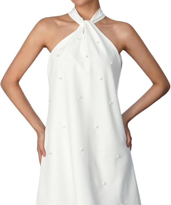 Floerns Women's Pearl Beaded Halter Twist Sleeveless Tie Back Dress A Line Dress