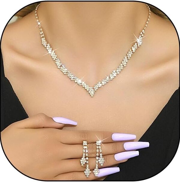 GIGB PBDK Bridal Necklace Earring Jewelry Set for Women Wedding Prom Vintage Rhinestone Tennis Choker Crystal Dangle Statement Earrings Bridesmaid Dresses Accessories Gift